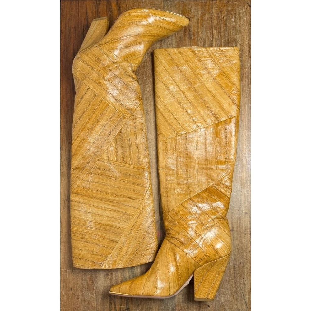 Tory Burch Women's Lila Animal-Embossed Tan Eel Leather High Tall Boots Size 5 M